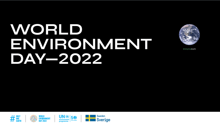 World Environment Day- black background with white text and planet earth in the top right corner