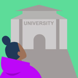 character in purple hoodie with hair in a bun looking up at a big grey building that says 'university on the front'- with a green square background