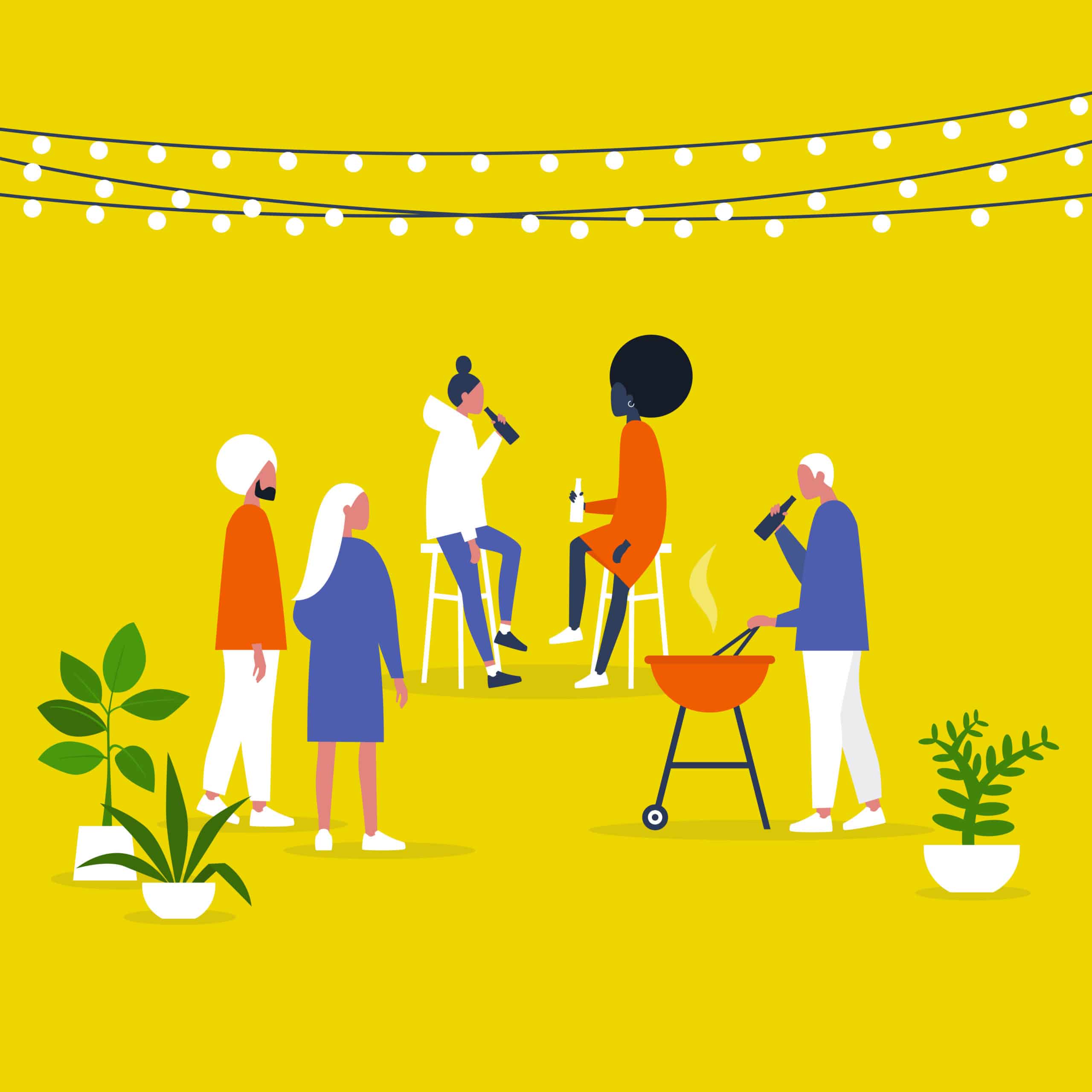 Party scene with characters holding drinks and at a bbq, yellow background with plants around and string lights