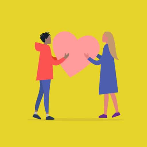 Two characters holding a big pink heart on a yellow background