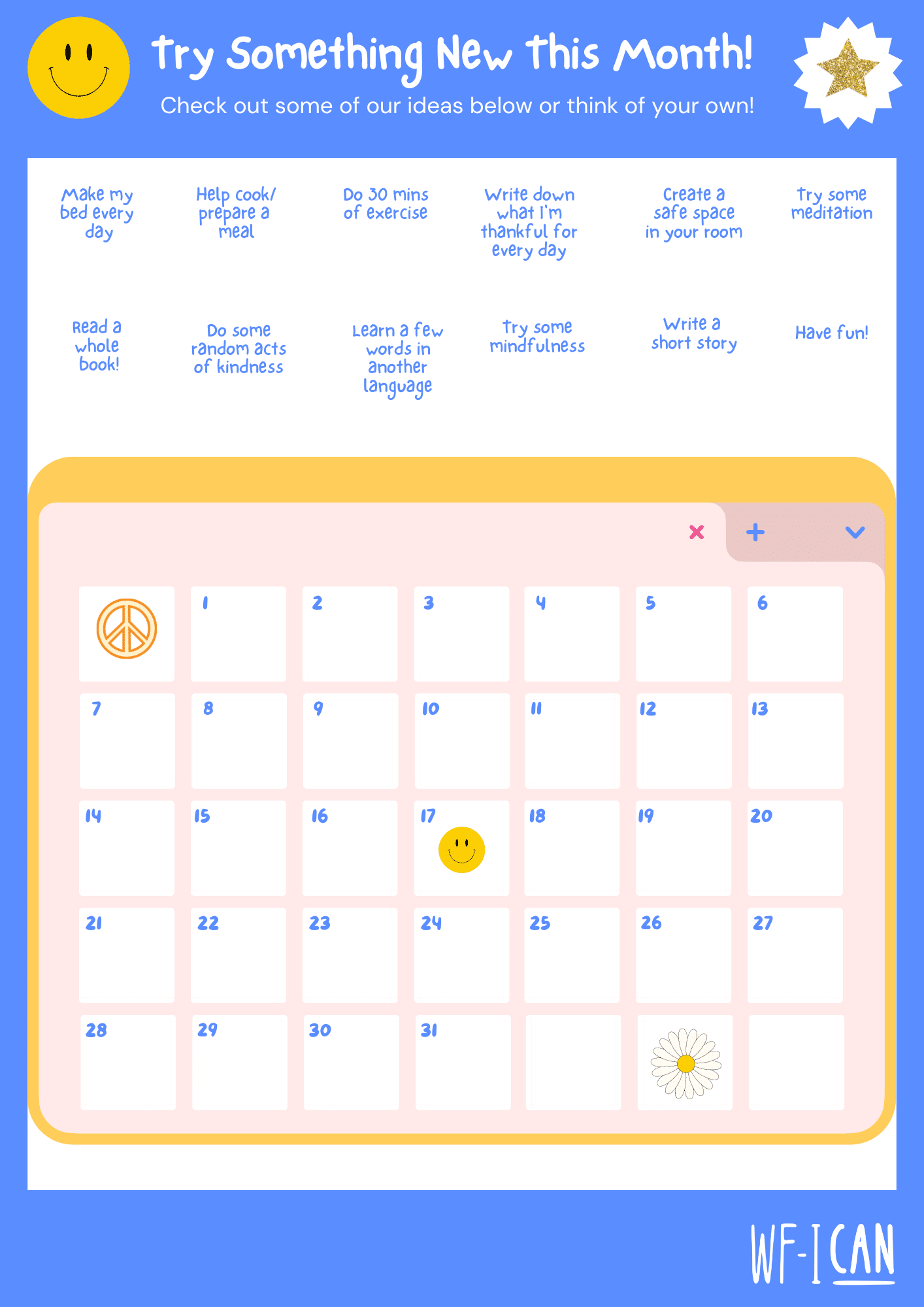 New Month Challenge- calendar with ideas (A4 Document)