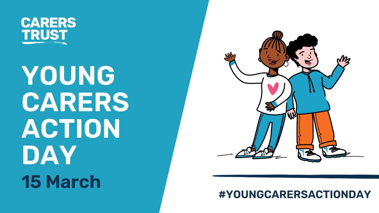 Carers Trust- YCAD graphic. Half blue background with carers trust logo and white text below saying young carers action day and 15 march in blue text, On left hand side, two young people characters are smiling and waving with #you carers action day below