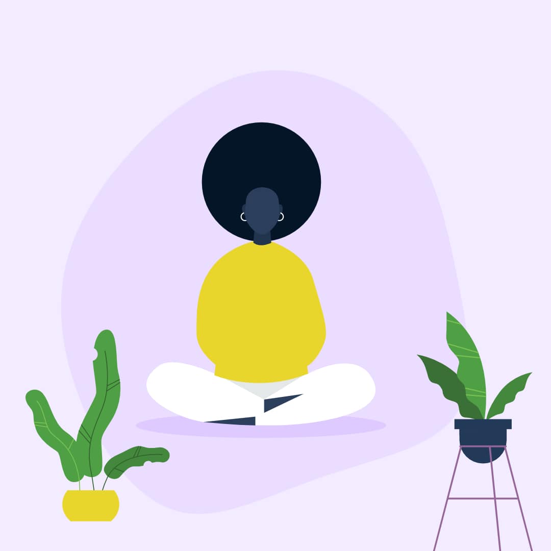 Character sat in cross legged poisition in middle of purple square wearing yellow long sleeved top and white trousers with two green leafy plants to the fore.