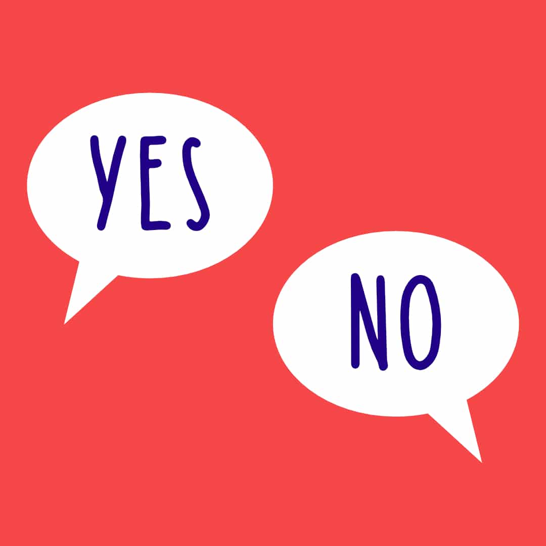 two white speech bubbles on a red background, one says yes in capital letters, one says no in capital letter