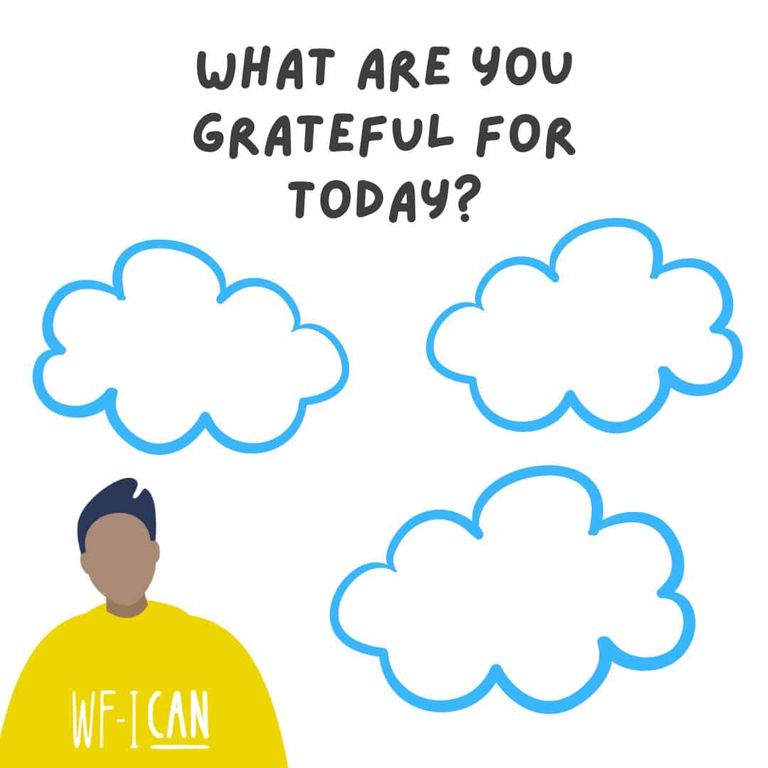 what are you grateful for- three clouds with a blue outline and a character with short hair, wearing a yellow top in bottom left corner- with a white wfican logo