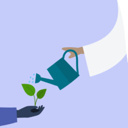 one hand holding a small growing plant, another hand holding a watering can, watering the plant with a blue background
