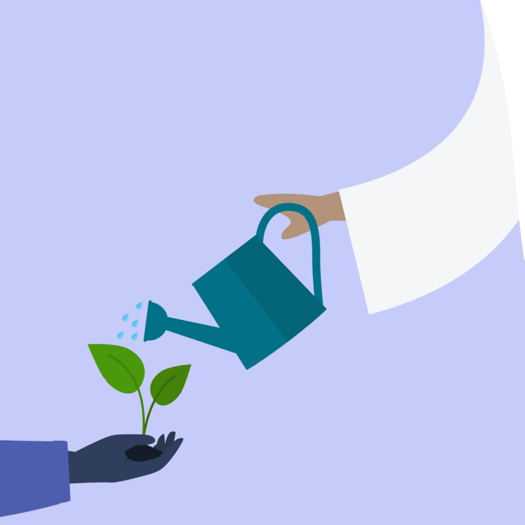 one hand holding a small growing plant, another hand holding a watering can, watering the plant with a blue background