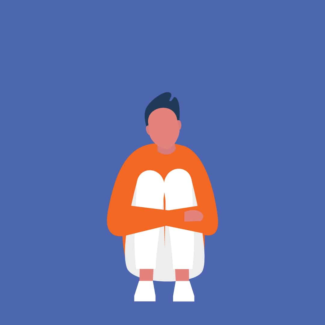 character with short hearing wearing red long sleeve top and white trousers sat with knees up in contemplation with blue background
