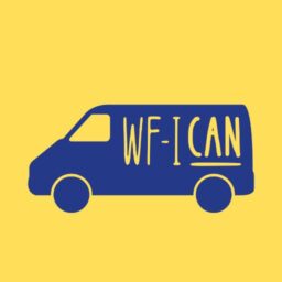 wfican van logo (blue van with wfican text in the middle, on a yellow square background