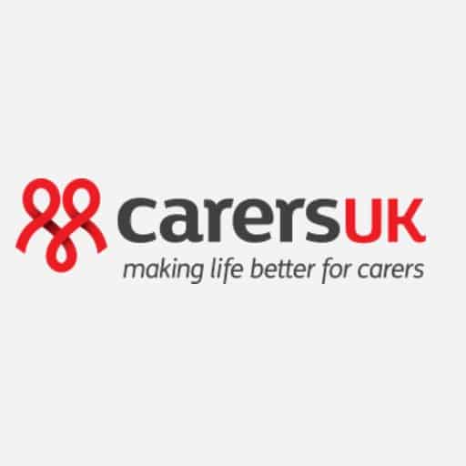 Dark grey and red Carers UK logo on light grey background