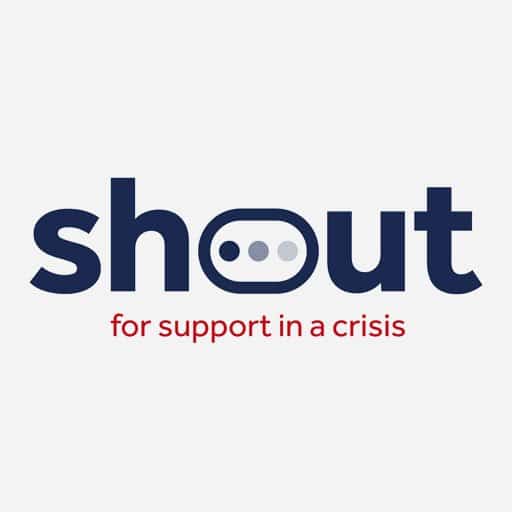Dark blue and red shout logo on light grey background