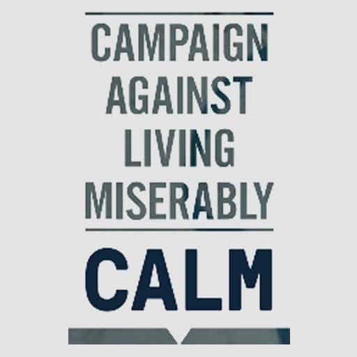 CALM blue logo against light grey background