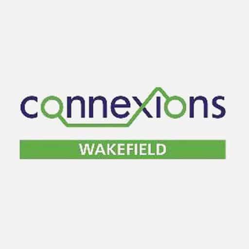 Connexions purple and light green logo on grey background