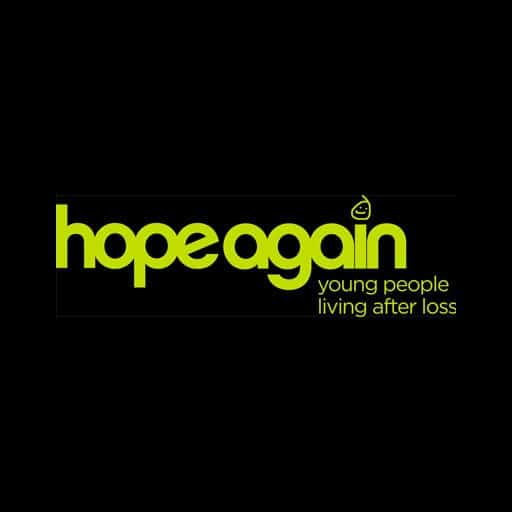 Light green Hope Again logo on black background