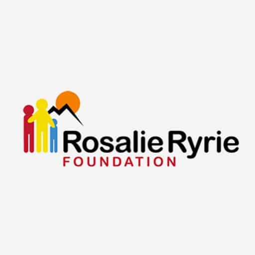 Colourful Rosalie Ryrie logo (showing three stick people looking at a mountain and sun) against a light grey background
