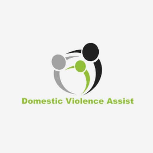 Green, grey and black Domestic Violence Assist logo on light grey background