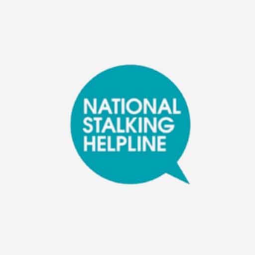 National Stalking Helpline in teal speech bubble against light grey background