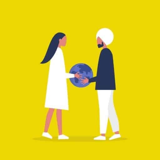 two people handing each other the world against yellow background