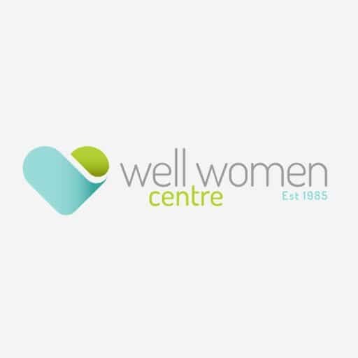 Blue, green and grey Well Women logo against light grey background