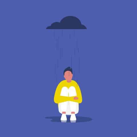young person sat on ground with cloud raining above them