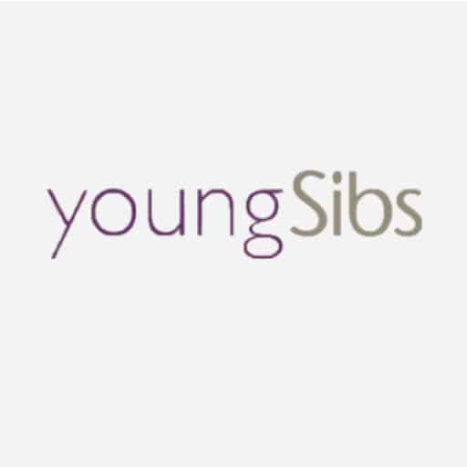 young sibs purple and grey logo against light grey background