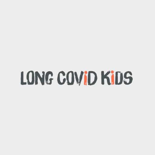 Dark grey and orange text logo for Long Covid Kids against light grey background