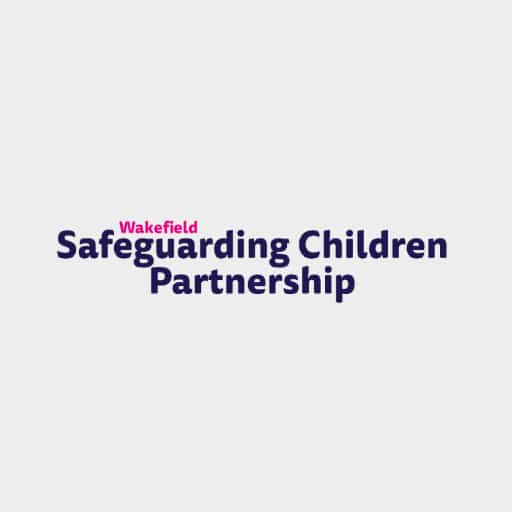 Pink and purple logo for Wakefield Safeguarding Children Partnership on light grey background