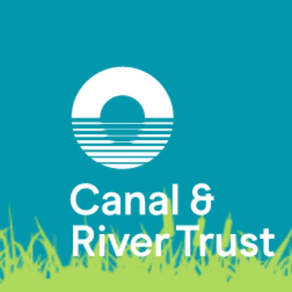 canal and river trust white logo against light teal background, with light green grass graphic