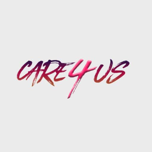 pink and purple graffiti-style Care4Us logo on light grey background