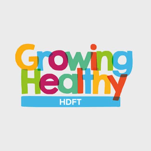 multicoloured growing healthy text logo against light grey background