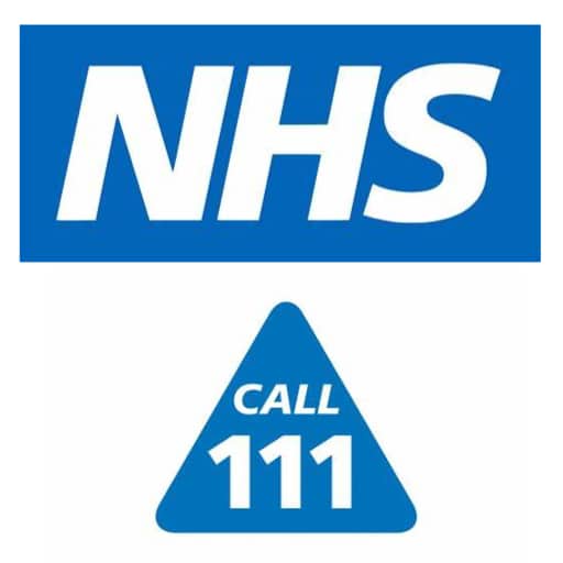 blue and white nhs logo, with 'call 111' in white text in a blue triangle below logo