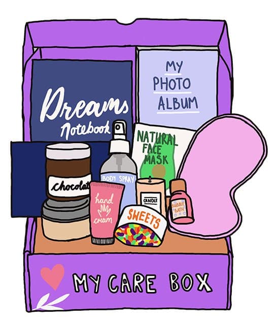 digital illustration of a self care box with items such as face masks and notebooks.