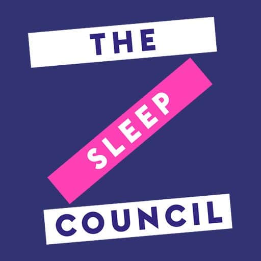 white and pink sleep council rectangles logo against purple background