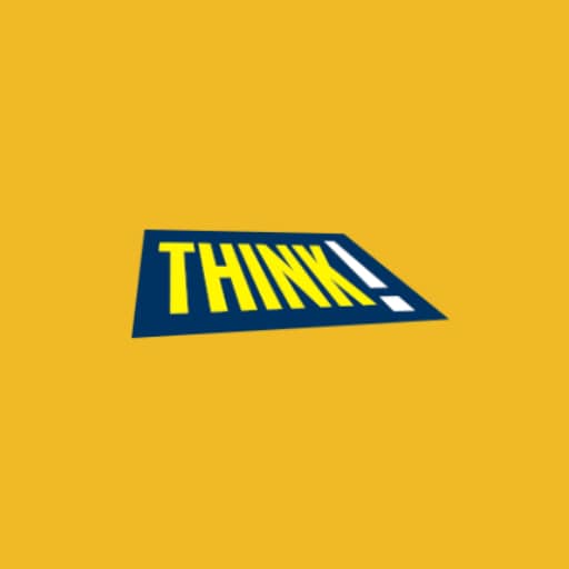 Blue, yellow and white think logo against golden yellow background