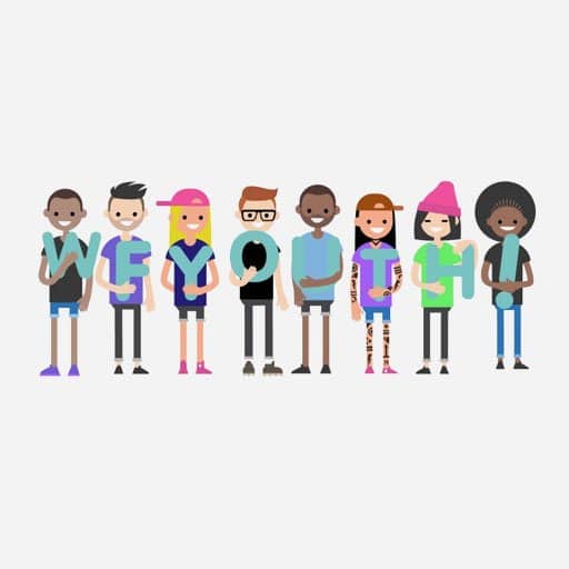 WF Youth logo- a diverse group of illustrated characters holding the blue letters, against a light grey background