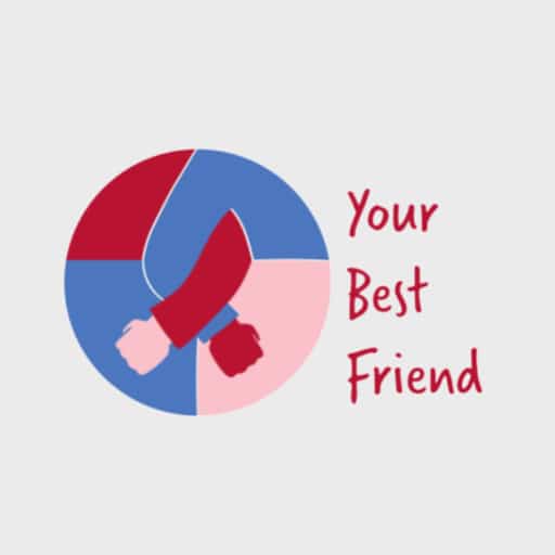 Your best friend logo with circular illustration of two people linking arms in pink, blue and red colours