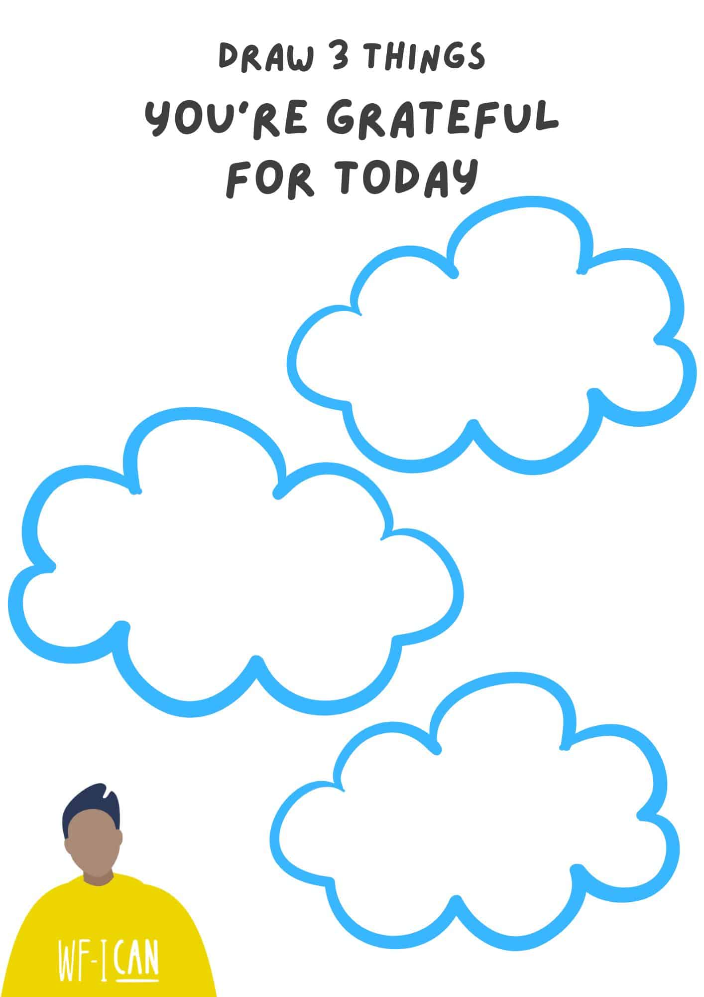illustrated character wearing a yellow jumper sits in the lower left corner, with three cloud shapes with blue outlines dotted on the page