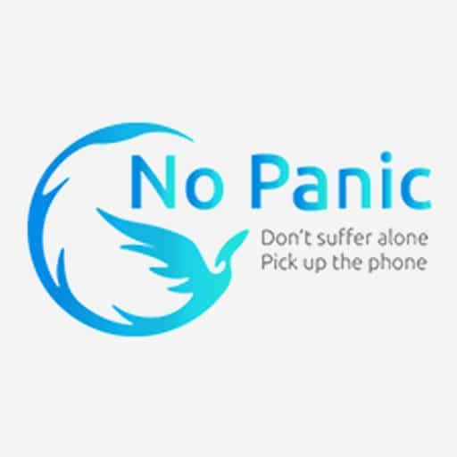 Blue and grey No Panic logo with icon of a bird spreading its wings, against a light grey background