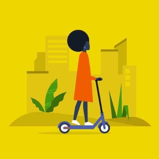 person with afro hair in an orange dress riding on scooter riding through city, against yellow background