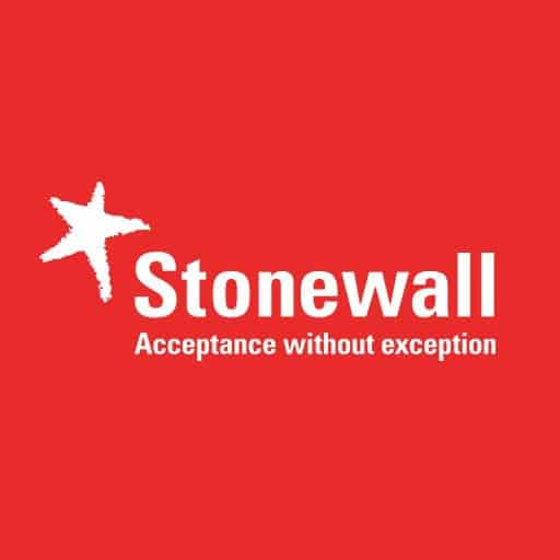 White Stonewall logo with text and star illustration against bright red background